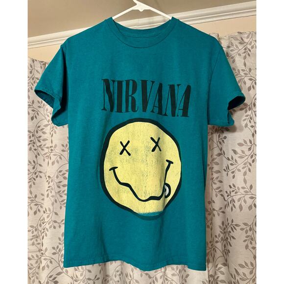 Nirvana Other - Nirvana Smiley Face Graphic Unisex Teal Band Tee size Medium